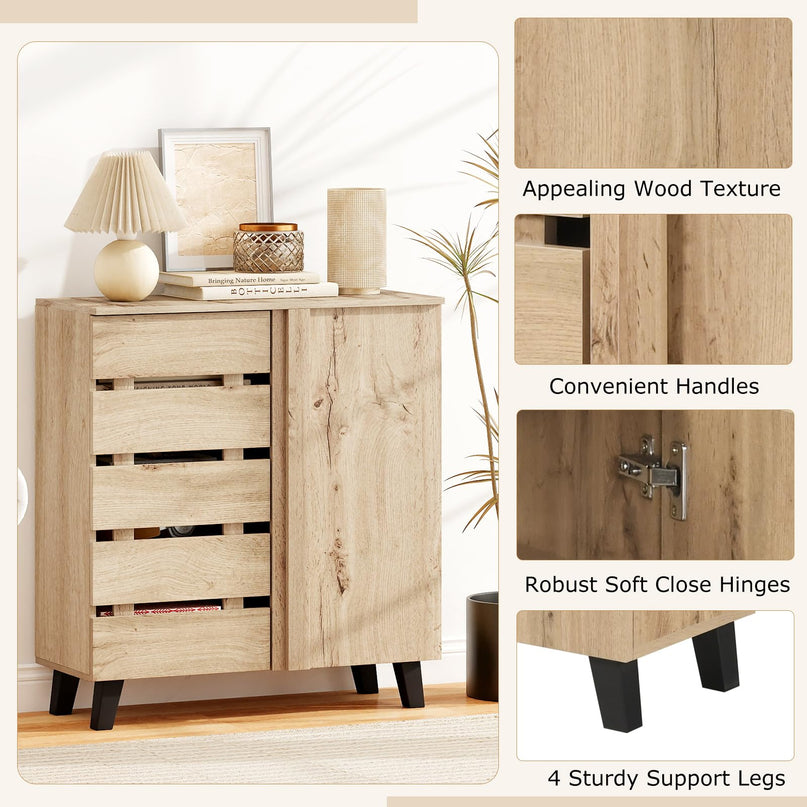 Giantex 4 Tier Farmhouse Shoe Rack Cabinet with 2 Slatted Doors & Removable Shelves