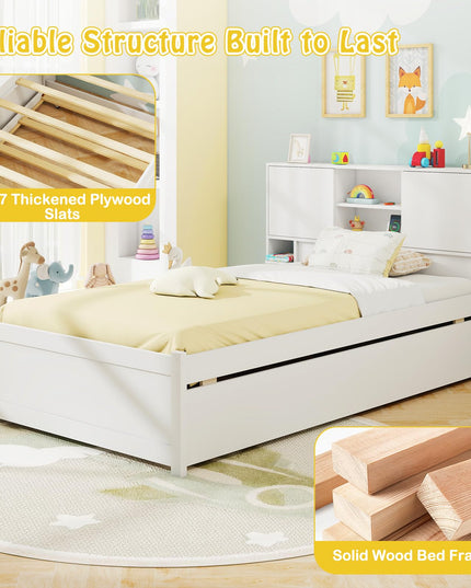 Giantex White Twin Size Bed Frame with Trundle and Bookcase Headboard