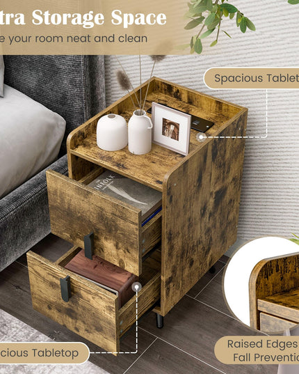 Giantex Nightstand with Charging Station, Narrow End Table with 2 Drawers & Metal Gold Legs