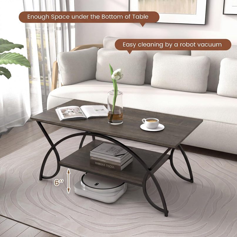 Giantex Table Basse en Bois de 39,5" avec Étagère de Rangement Ouverte et Cadre en Métal Finition Noire