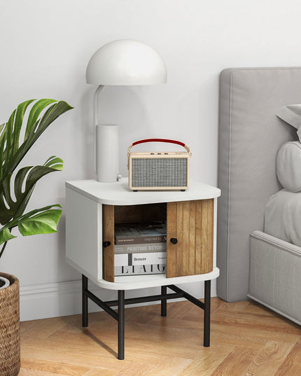 Giantex Mid-Century Modern Nightstand, Wood Bedside Table with Sliding Doors and 4 Metal Legs