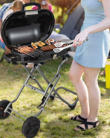 Giantex Gas Grill, Portable Propane Grill with 15,000 BTUs Burner, Side Table, 2 Wheels, Grease Tray