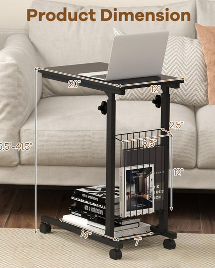 Giantex C Shaped End Table with Wheels, Height Adjustable Mobile Couch Snack Side Table with Storage Shelf