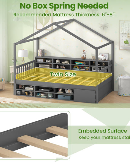 Giantex Twin Size House Bed with Storage, Wooden Montessori House Bed with 14 Storage Cubes