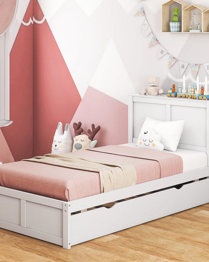 Giantex Full Bed Frame with Twin Trundle, Wooden Bed Wooden Bed Frame with 2 Rolling Bookcases & High Headboard