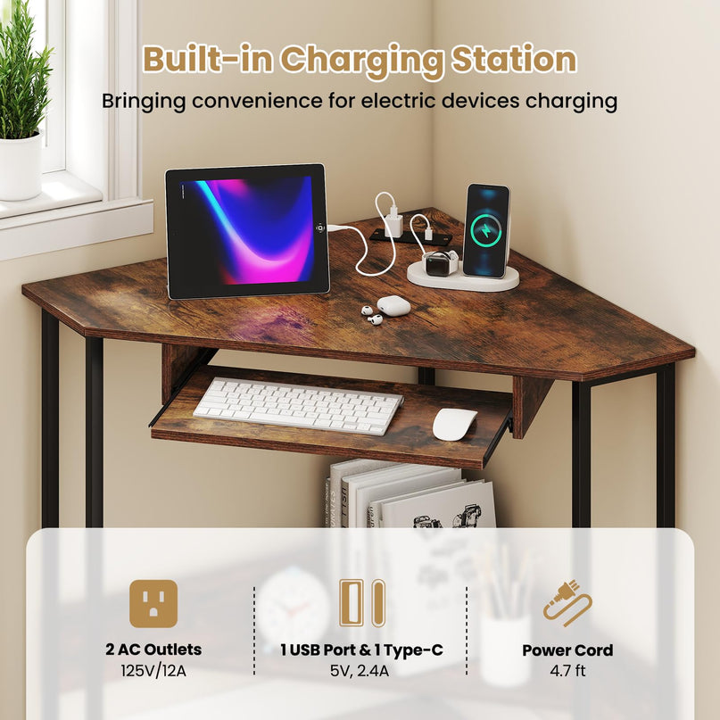 Giantex Small Corner Desk with Charging Station