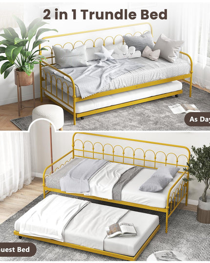 Giantex Twin Daybed with Trundle Gold, Metal Day Bed with Convenient Pull-Out Trundle Bed