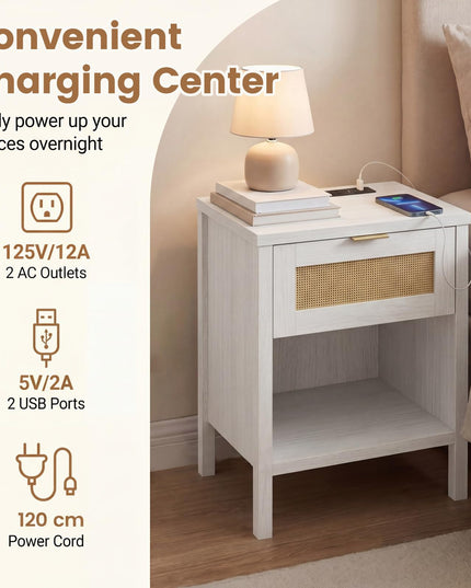 Giantex Rattan Night Stand with Charging Station