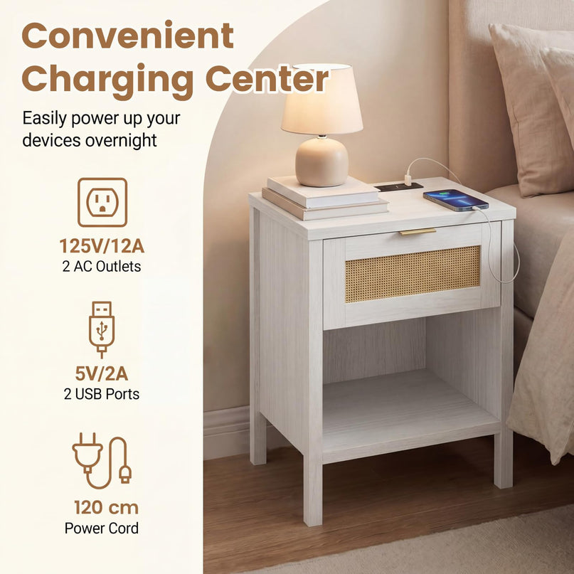 Giantex Rattan Night Stand with Charging Station
