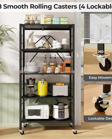 Giantex 5-Tier Foldable Storage Shelf with Wheels Set of 1/2, Collapsible Shelving Unit with Adjustable Shelves