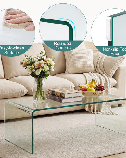 Giantex Glass Coffee Table with Tempered Glass Top & Round Edges