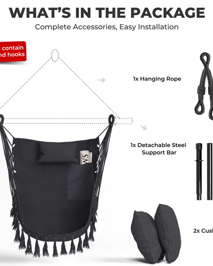 Hanging Chair Hammock Swing Chair - with Sturdy Steel Hanging Bar