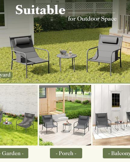 Giantex 3 Piece Patio Bistro Set, Outdoor Metal Chairs Set of 2 with Coffee Table, Breathable Fabric Seats