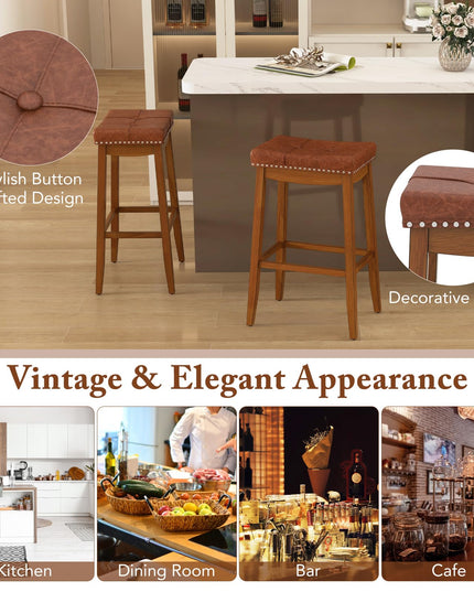 Giantex Bar Stools Set, 29" Counter Height Bar Stools w/Saddle Seat, Footrest, Rivet, Button Tufted, Rubber Wood Frame