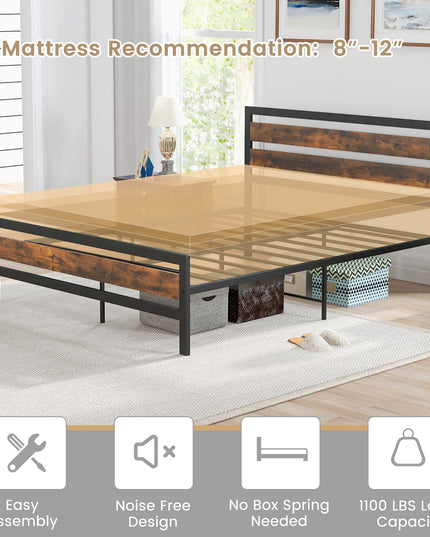 Giantex Queen Metal Platform Bed Frame with Wooden Headboard & Footboard, Rustic Brown