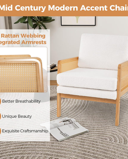 Giantex Mid Century Modern Accent Chair, Boho Boucle Living Room Arm Chair w/Rattan Arms
