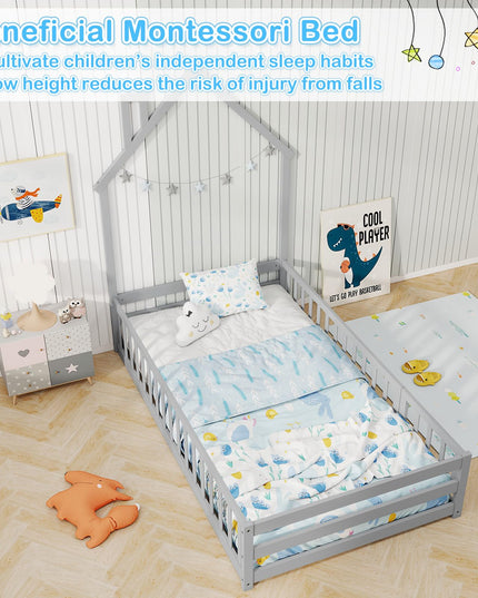 Giantex Twin Floor Bed, House-Shaped Montessori Bed Frame with Headboard, Full-Length Guardrail