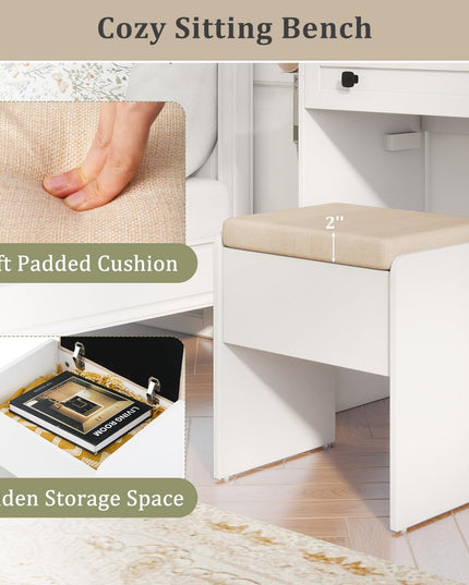 CHARMAID Vanity Desk with Mirror and Lights, Farmhouse Makeup Vanity Desk with 5 Drawers, 3 Shelves