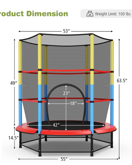 55" Kids Trampoline  with Safety Enclosure Net & Spring Pad