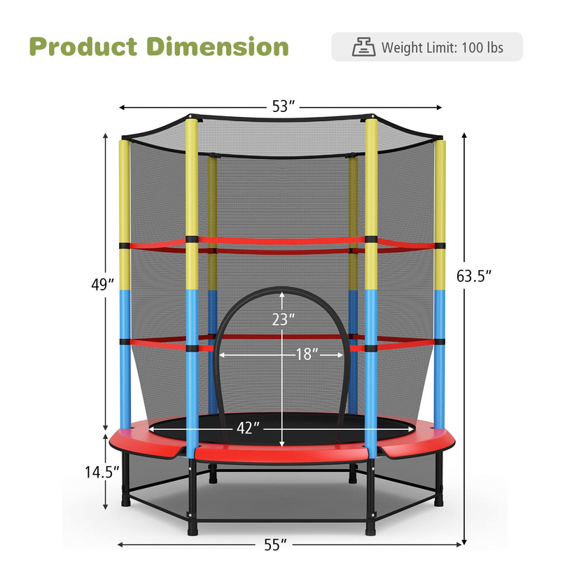 55" Kids Trampoline  with Safety Enclosure Net & Spring Pad