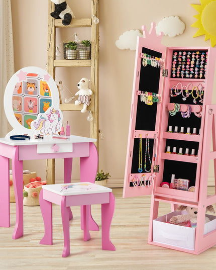 CHARMAID Kids Mirror Jewelry Cabinet - 45.5'' Standing Jewelry Armoire with Full Length Mirror