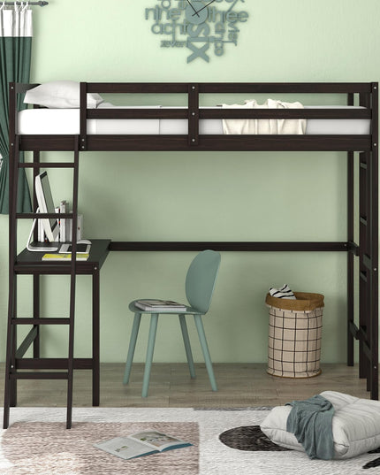 Giantex Twin Size Loft Bed with Desk, Solid Wood Loft Bed with 2 Ladders & Full Length Guardrail