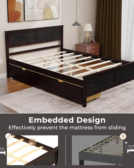 Giantex Wood Full Size Bed Frame with 2 Storage Drawers, Solid Wood Platform Bed with Headboard