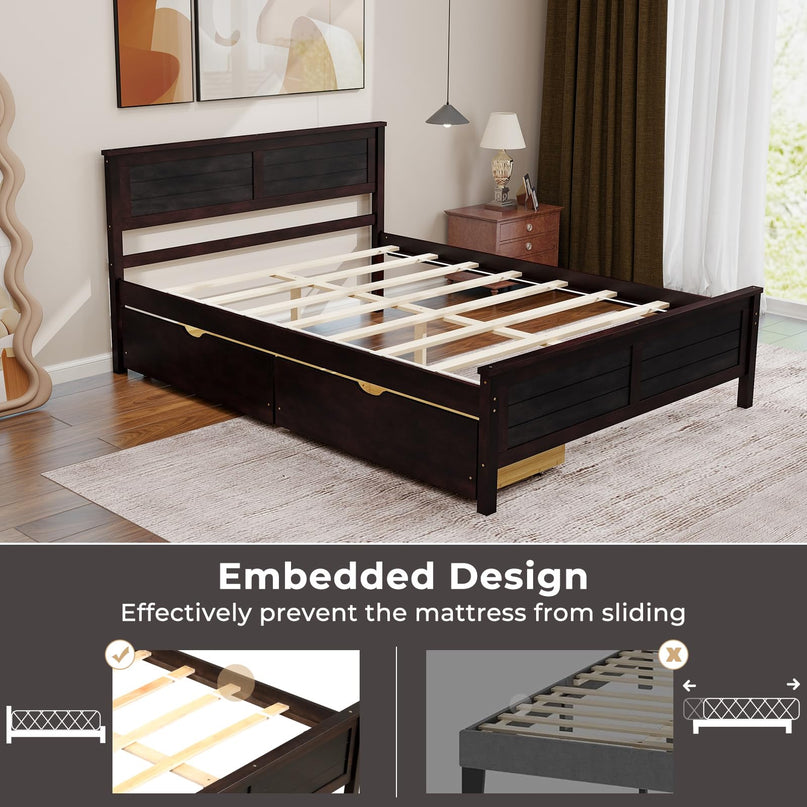 Giantex Wood Full Size Bed Frame with 2 Storage Drawers, Solid Wood Platform Bed with Headboard
