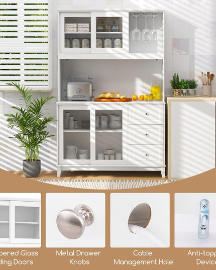 Giantex 73" Kitchen Pantry Storage Cabinet, Hutch Cabinet with LED Lights & Power Outlet, Kitchen Buffet Cabinet w/Wine Glass Racks