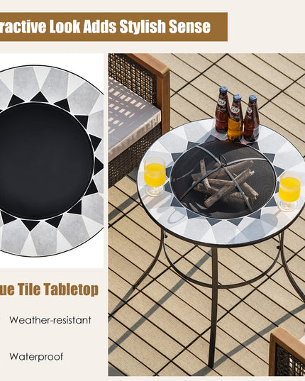 Giantex Fire Pit Table, Outdoor Fire Pit with Mesh Cover, Fire Poker, Tile Tabletop