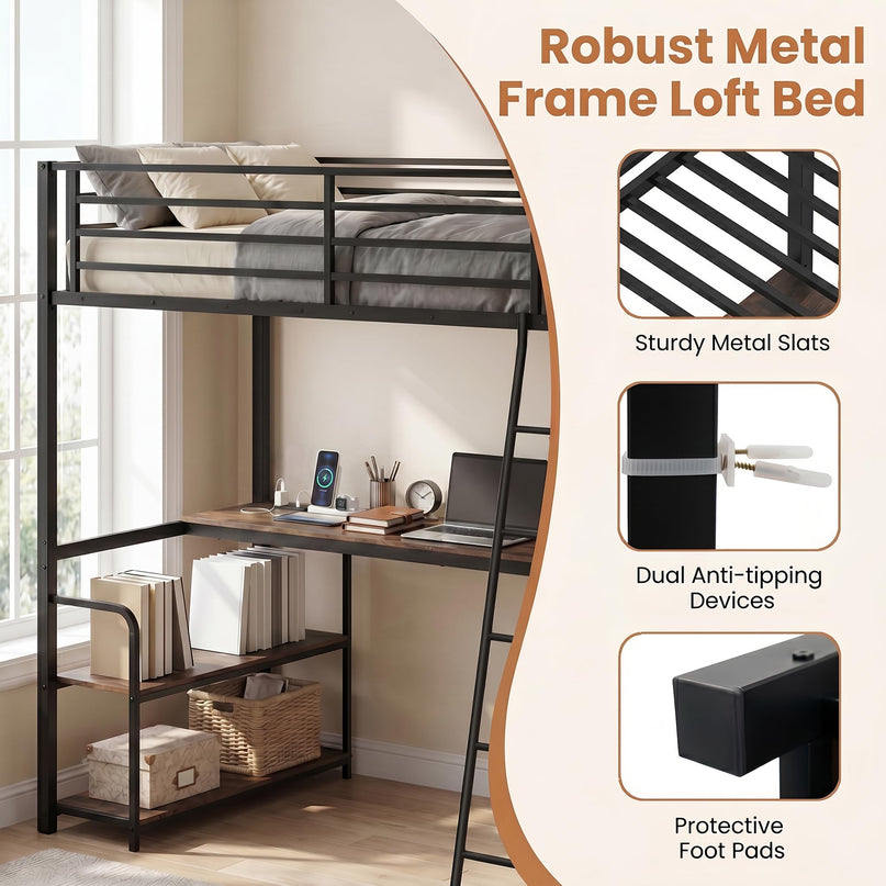 Giantex Twin Loft Bed with Desk & Charging Station