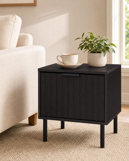 GIANTEX Black Modern Nightstand w/Vertical-Striped Storage Drawer