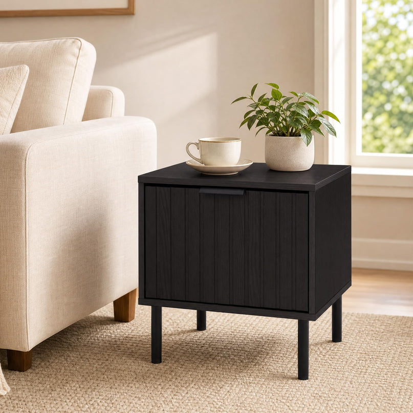 GIANTEX Black Modern Nightstand w/Vertical-Striped Storage Drawer
