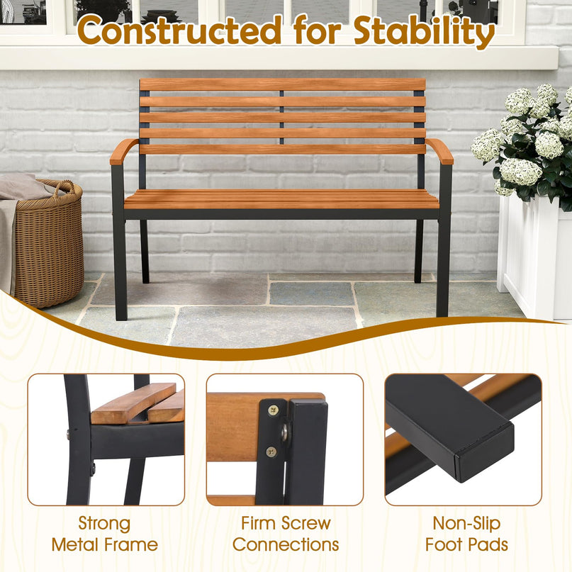 Giantex Outdoor 2-Person Bench with Slatted Backrest & Seat Armrests