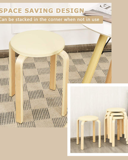 4-Pack Bentwood Stack Stools, 18.5-Inch Portable Stools with PU Leather Round Top, Non-Slip Foot Mats