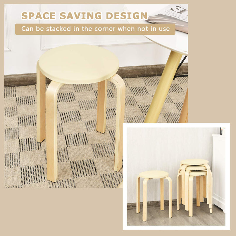 4-Pack Bentwood Stack Stools, 18.5-Inch Portable Stools with PU Leather Round Top, Non-Slip Foot Mats