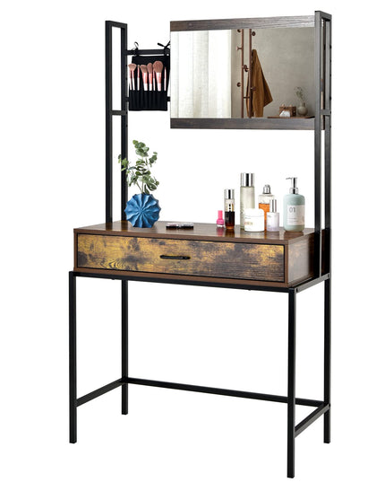 CHARMAID Rustic Vanity Table with 3-Height Adjustable Mirror, Large Drawer