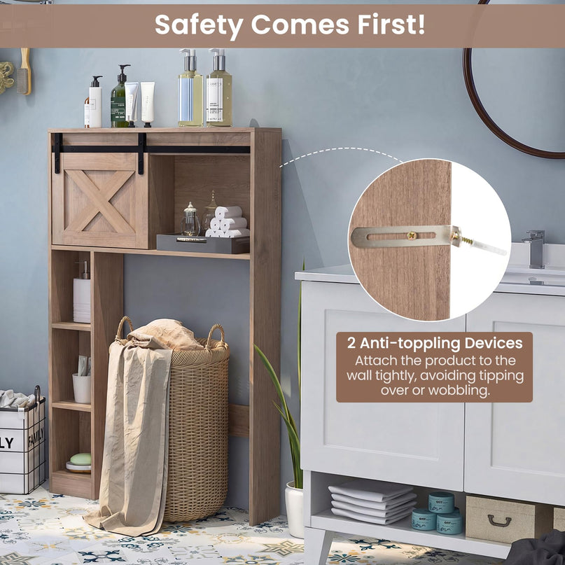 Meuble de rangement sur les toilettes Giantex - Organisateur de salle de bain autoportant avec porte de grange coulissante et étagères de rangement
