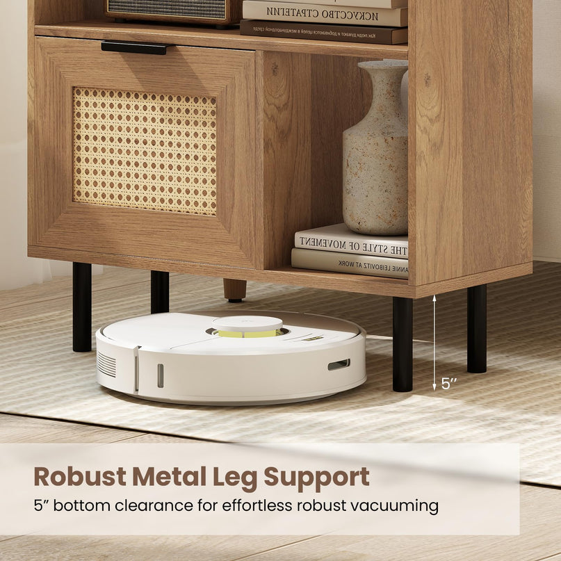 Giantex Rattan End Table with Cabinet Boho Nightstand