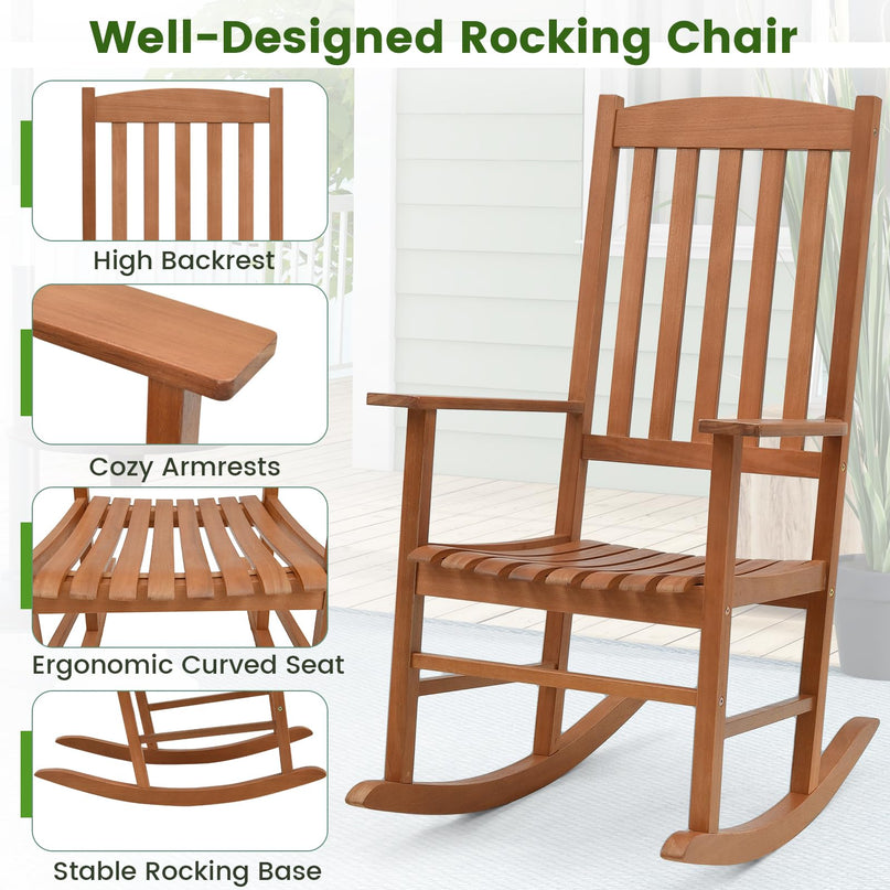Giantex Wood Outdoor Rocking Chair - Eucalyptus Rocker Chair with Stable & Safe Rocking Base