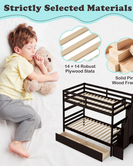 Giantex Bunk Bed Twin Over Twin with Storage Stairs & Drawers, Solid Wood Bunk Bed with Full-Length Guardrails