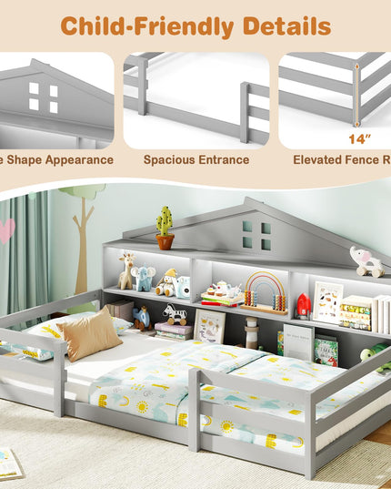 Giantex Twin/Full Size Montessori Wooden Floor Bed with LED Lights