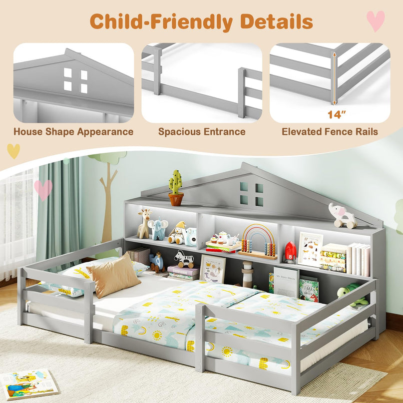 Giantex Twin/Full Size Montessori Wooden Floor Bed with LED Lights