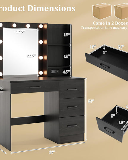 CHARMAID Vanity Desk with Mirror and Lights, Black Makeup Vanity Desk with 4 Large Drawers