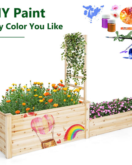Giantex Raised Garden Bed with Trellis, Set of 2 Wood Shallow & Deep Planter Box for Climbing Plants