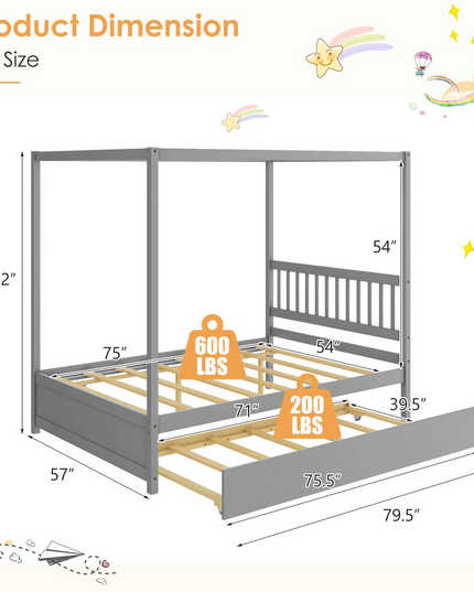 Giantex Canopy Bed w/ Trundle, Full Size Kids Solid Wood Platform Bed Frame