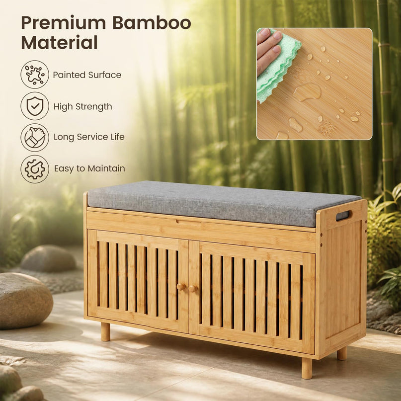 GIANTEX 36" Bamboo Shoe Storage Bench with Lift Top & Cushion