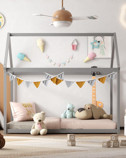 Giantex Twin House Bed, Wood Montessori Bed Frame with House Roof Canopy
