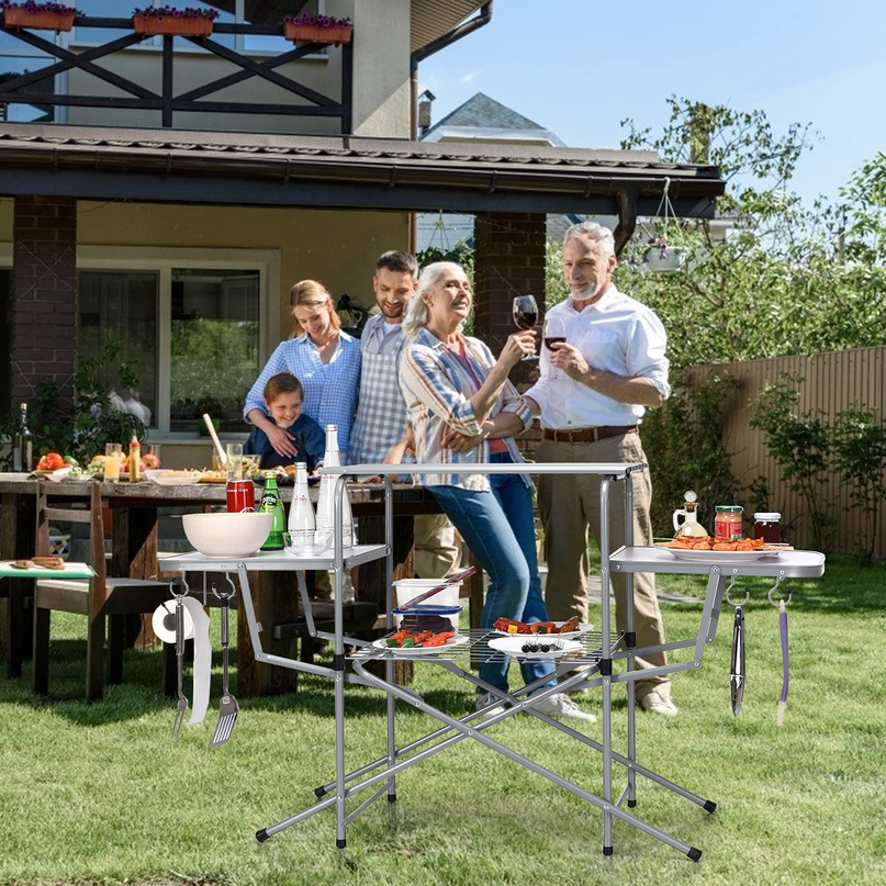 Giantex Folding Grill Table with 26'' Main Tabletop, Portable Aluminum Camping Table