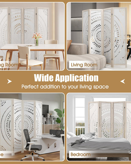 Giantex Room Divider 4 Panels - 66'' Boho Room Dividers with Carved Pattern & Solid Wood Frame
